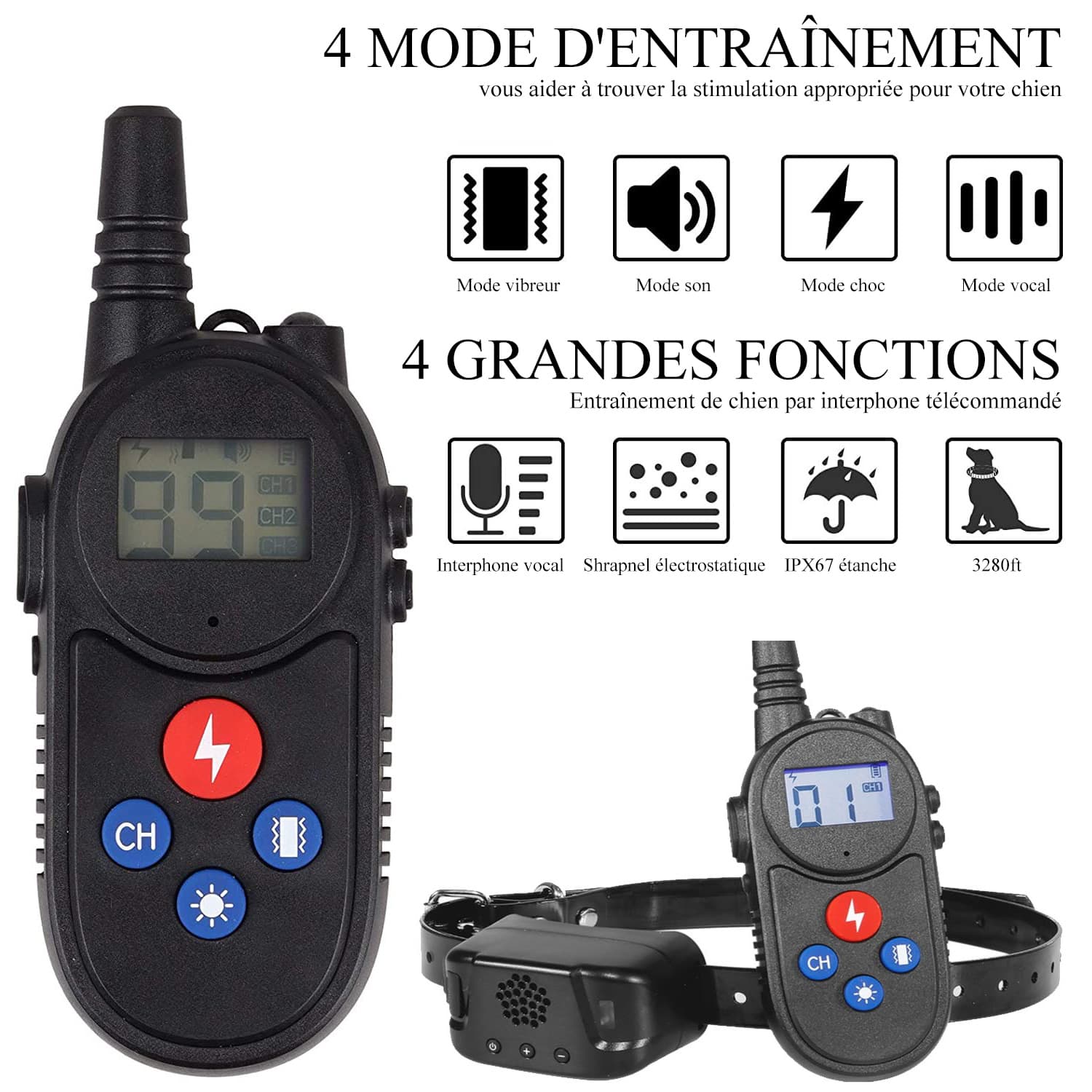 Collier Dressage Chien 1000m avec talkie-walkie étanche et Rechargeable collier electrique chien