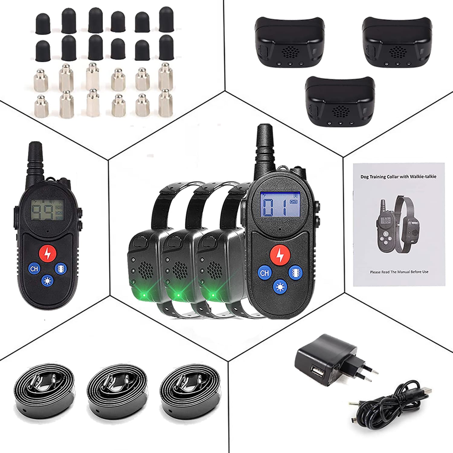 Collier Dressage Chien 1000m avec talkie-walkie Rechargeable collier electrique chien pour 3 Chiens