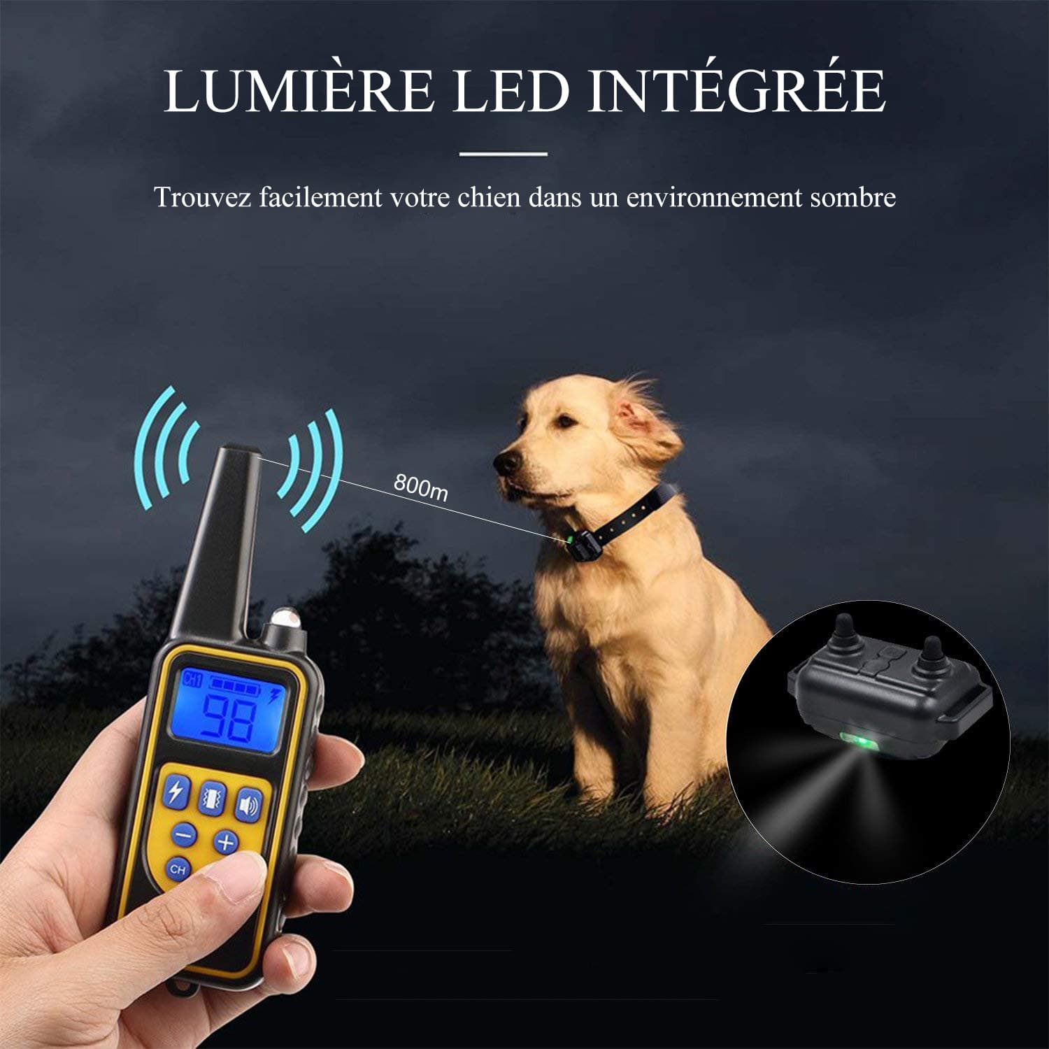 Collier Dressage Chien 800M avec choc Vibration son lumière étanche rechargeable collier electrique chien